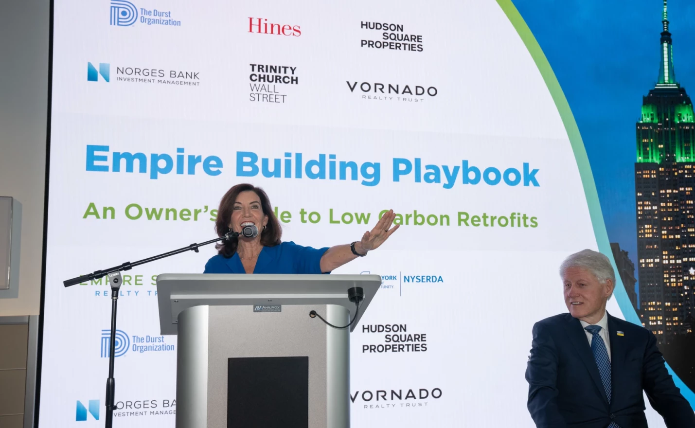 Gov. Kathy Hochul appears with former President Bill Clinton to promote green buildings at the Empire State Building on April 21, 2022. (Don Pollard / Office Of Gov.Kathy Hochul)